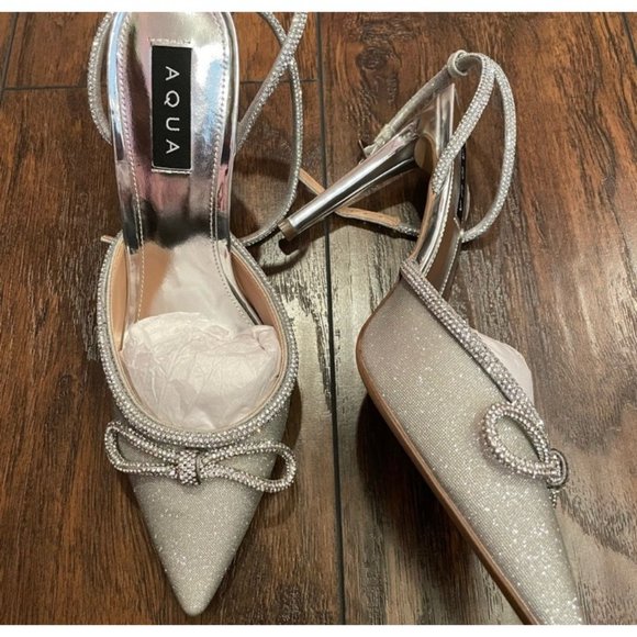 Aqua Women’s Charm Rhinestone Bow Heels Silver Size 8M NWD - Picture 5 of 7